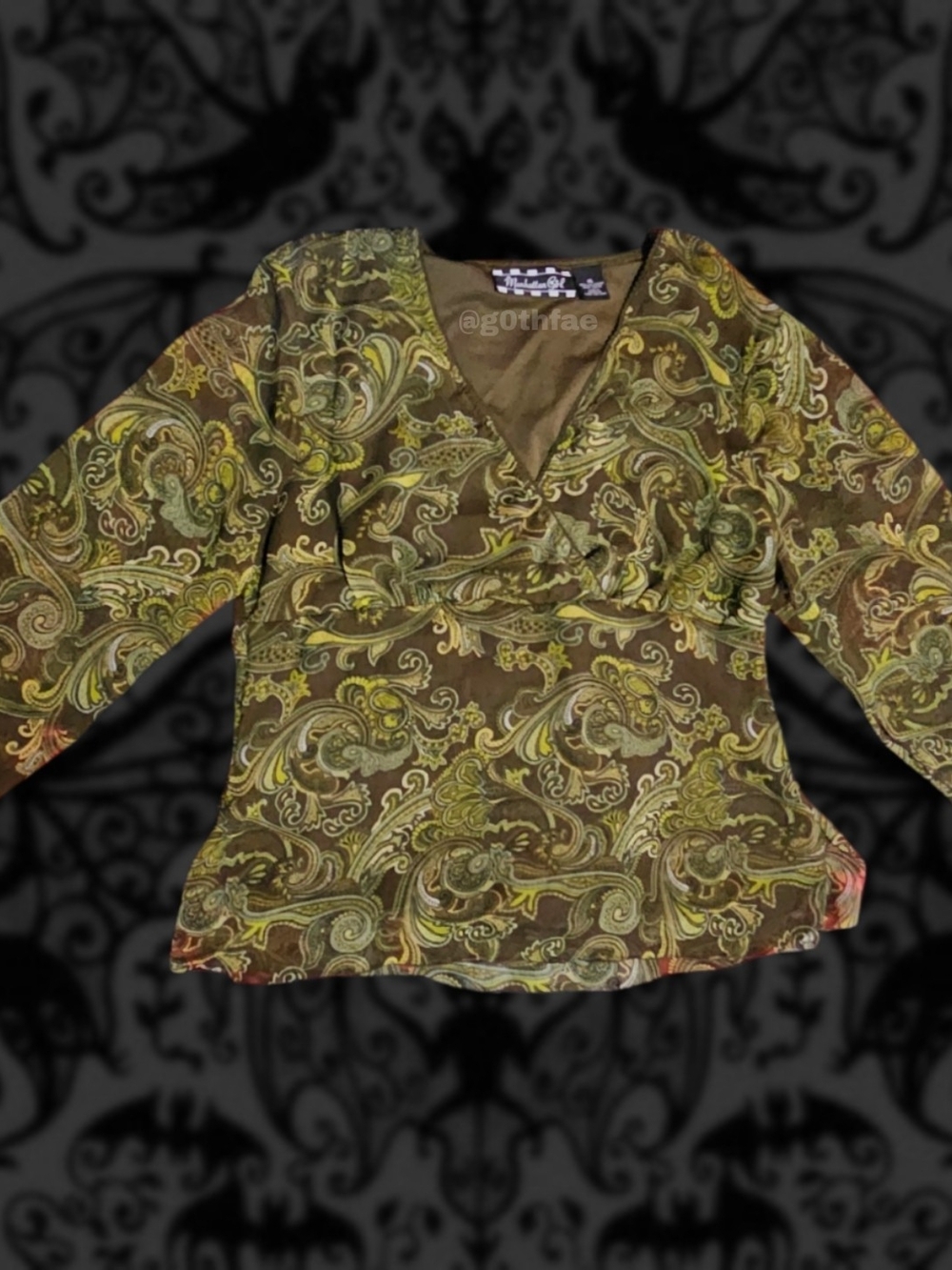 XL "Manhattan Girl" Paisley Surplice V-Neck Blouse Flowy Long Sleeve Top - Green